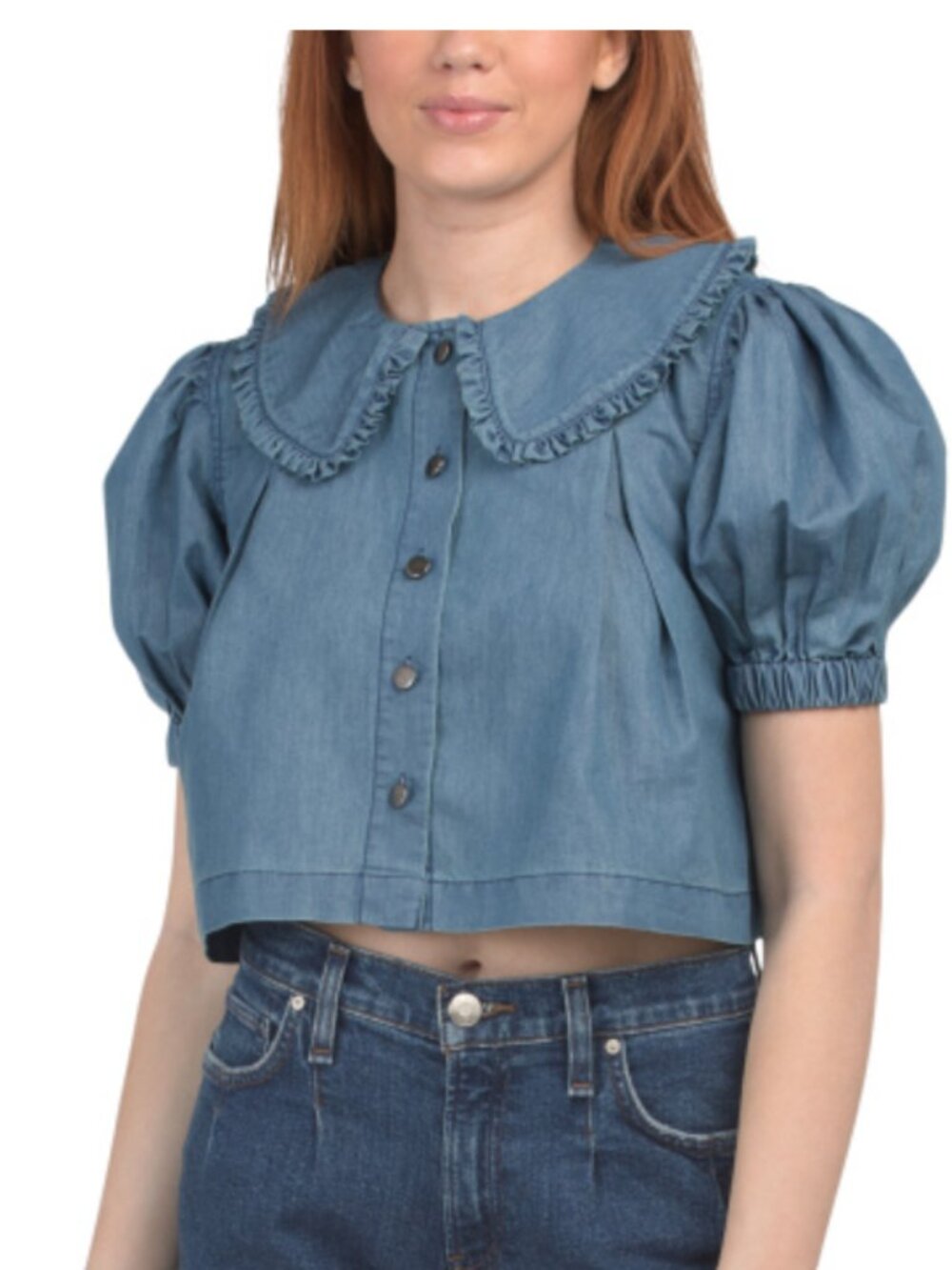 NWT TULIP Peter Pan Collar Denim Cropped Short Sleeve Cotton Blend Top